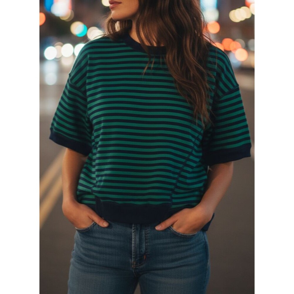 BTFBM Women's S Green Navy Striped Cotton Knit Sweater Top Short Sleeve